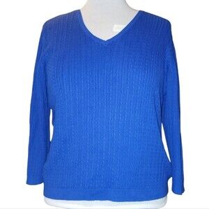 Lauren Ralph Lauren Women's Blue 100% Cotton Cable Knit V-Neck Sweater Size XL